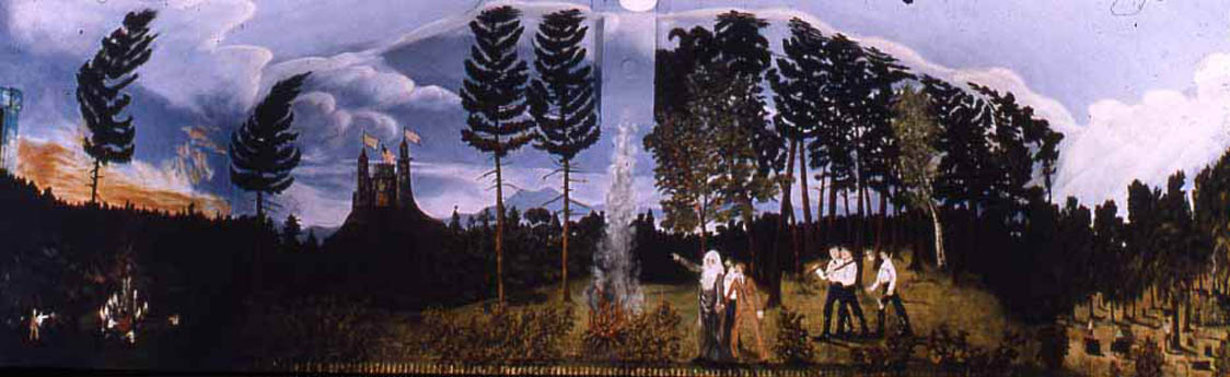 Painted folk-art mural of a forest landscape with figures, a fountain, and a castle